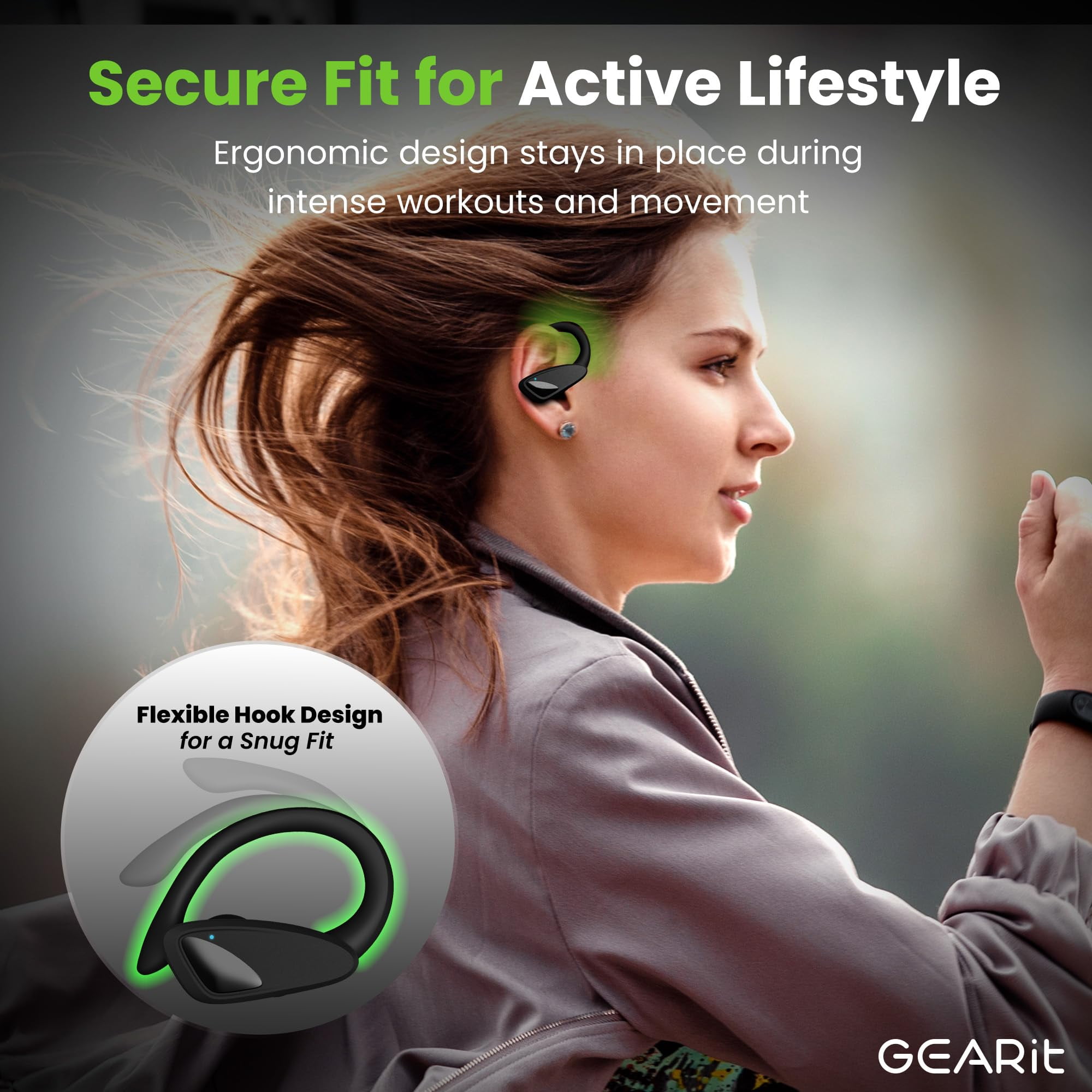GEARit Sport Hook True Wireless Earbuds Compatible with iPhone & Android - 23H Playtime - IPX7 Water Resistant & Sweatproof - Secure Fit 5.4 Bluetooth Ear Buds - Wireless Bluetooth Earbuds