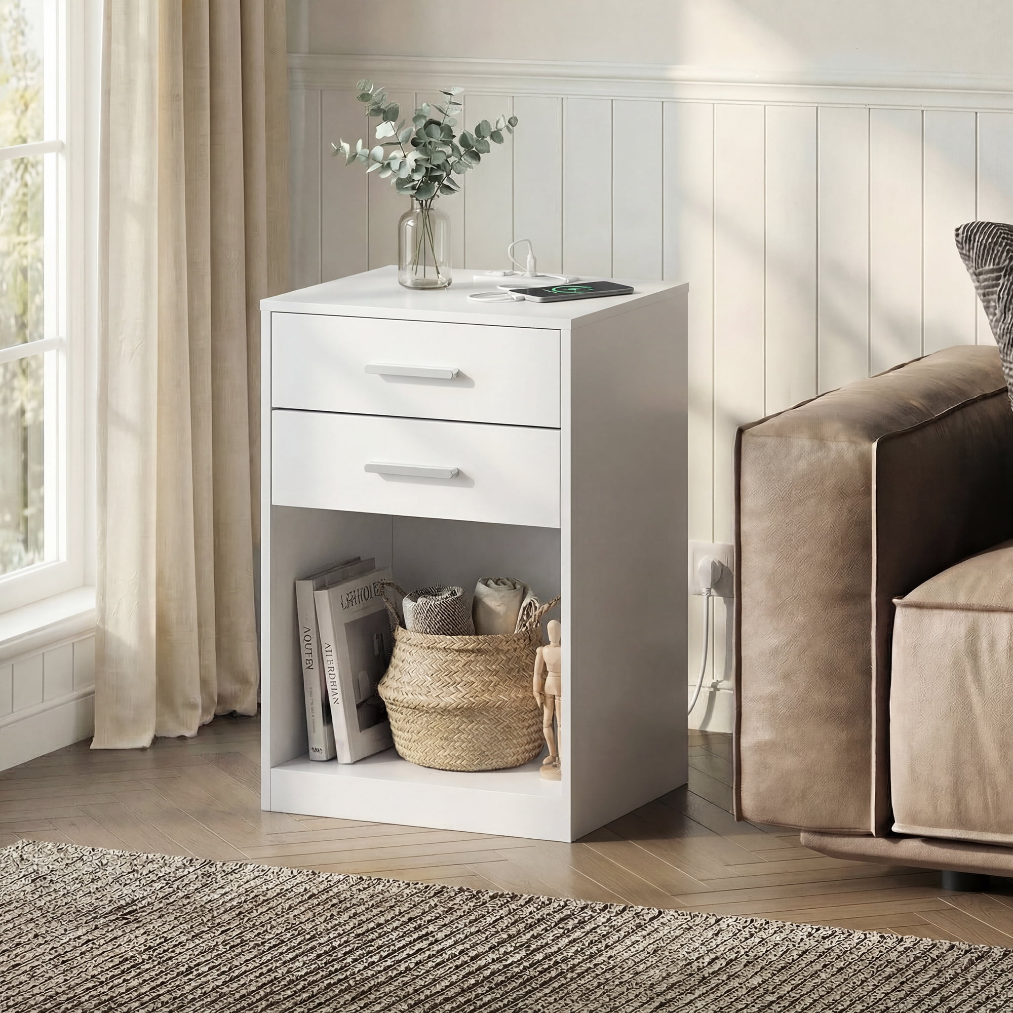 GALAXHERO Nightstand Set of 2 with Charging Station and 2 Drawers, Wood Bedside Table End Table with Open Shelf for Bedroom, Living Room, White