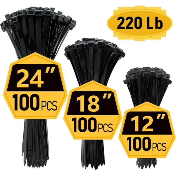Zip Ties Assorted Sizes (12" 18" 24")- 300 Pack, Large Zip Ties Heavy Duty with 220 lb Tensile Strength for Outdoor Use, Black, Long Cable Ties by Black 12" 18" 24"(300 Pack) Black 12" 18" 24"(300