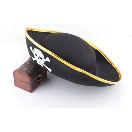 Kids Boys Girls Pirate Halloween Costume Felt Hat with Skull and Crossbones Print with an attached red headband.