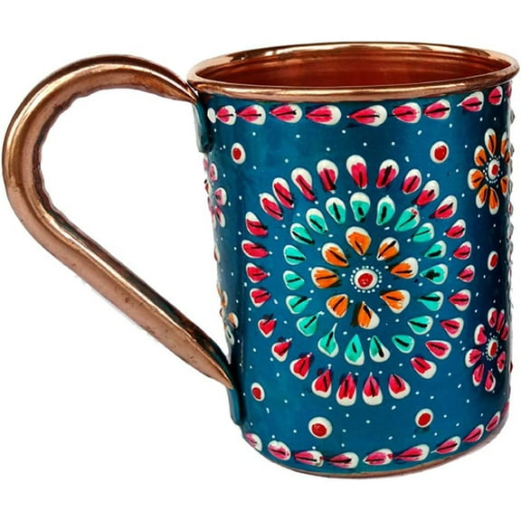 Rastogi Handicrafts Handmade Pure Copper Outer Hand Painted Art Work Wine, Vodka, Beer,Cocktail,Juice, Cold Coffee Straight Mug - Cup 16 oz (1) (Turquoise)