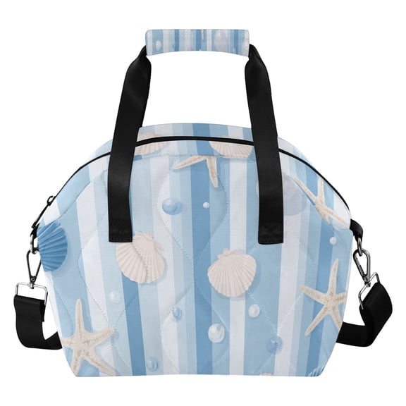 Light Blue Stripes with Shells Pearls Insulated Lunch Bag Reusable Quilted Lunch Box Waterproof Leakproof Lunch Container