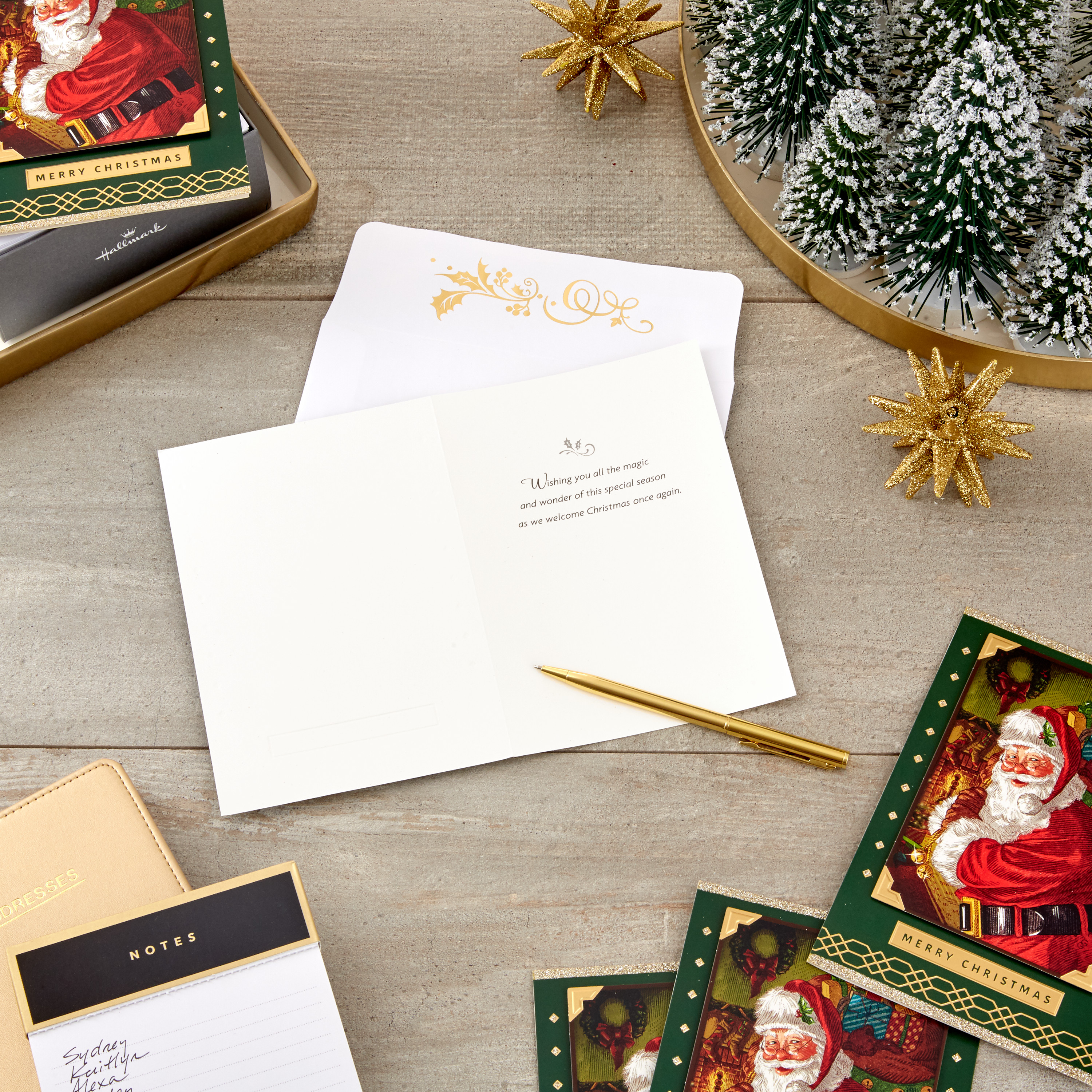 Hallmark Boxed Christmas Cards, Green and Gold Santa Claus (12 Cards and 13 Envelopes)