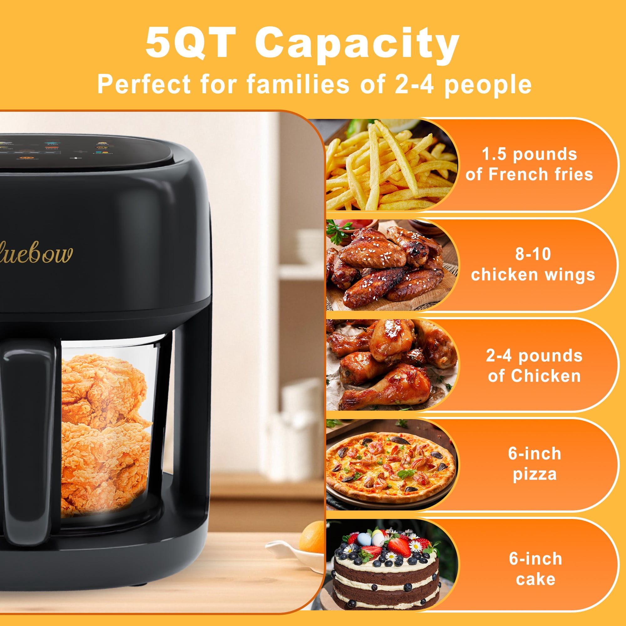 Bluebow 5 Quart Air Fryer with 360° Viewing Glass Pot, 8-in-1 Digital Touchscreen, Nonstick & Dishwasher Safe Basket, Less Oil, 1350W (Black)