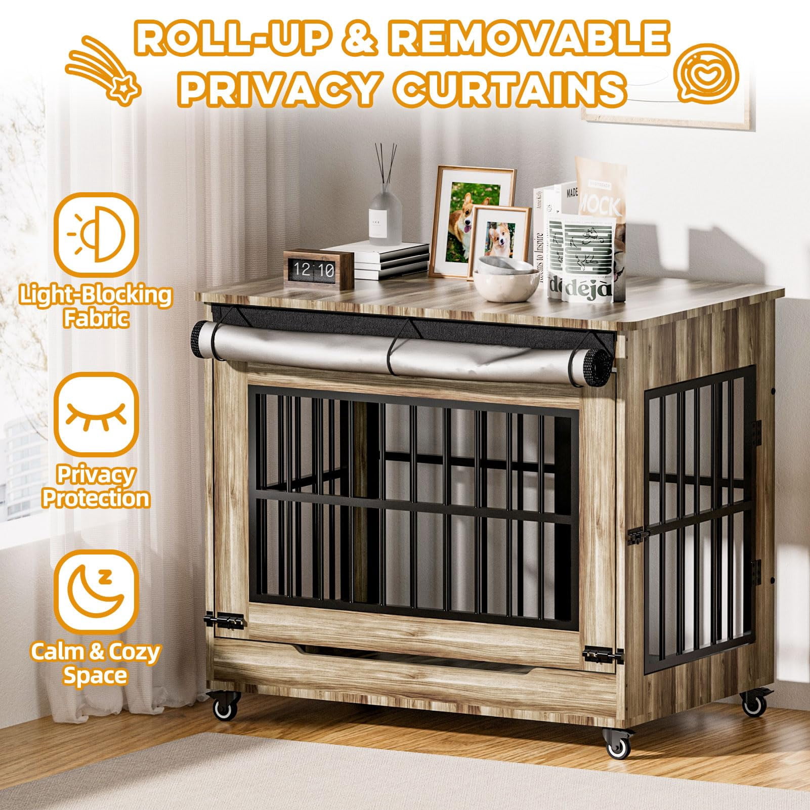 38" Dog Crate Furniture, Double Door Pet Cage End Table with Wheels for Medium and Large Breed Dogs