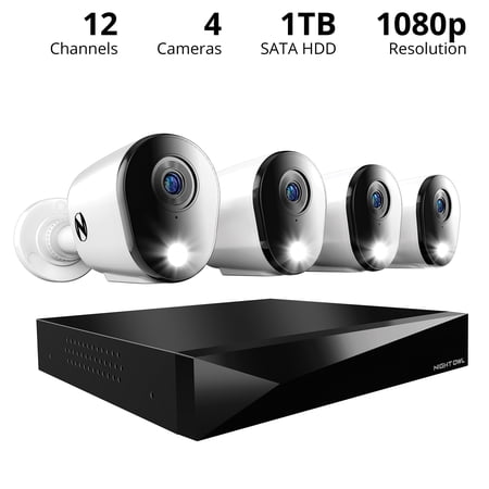 NIGHT OWL® 2-WAY AUDIO 12 CHANNEL DVR SECURITY SYSTEM WITH 1TB HARD DRIVE AND 4 WIRED 1080P DETERRENCE CAMERAS