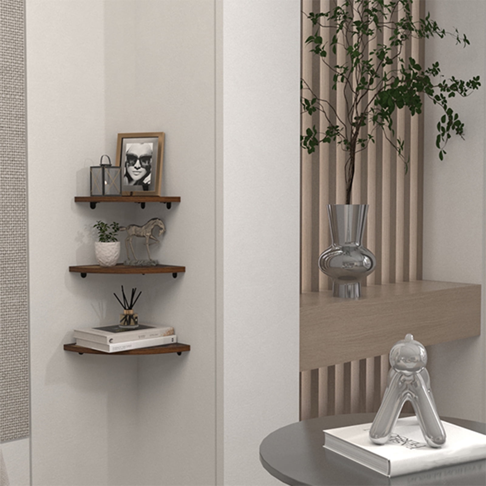 Wall Mount Floating Corner Shelf Set of 6, Minimalist Wood Corner Wall Shelves for Bedroom, Living Room, Bathroom, Kitchen