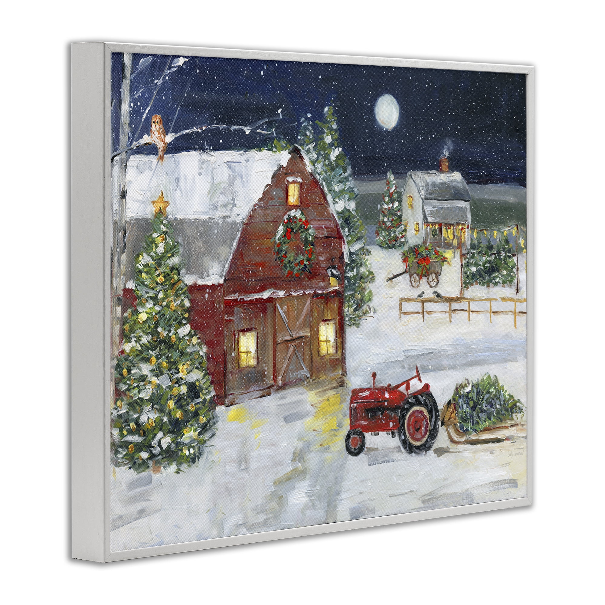 Stupell Industries Snowy Farm & Tractor Holiday Painting White Framed Art Prints Wall Art, 30 x 24