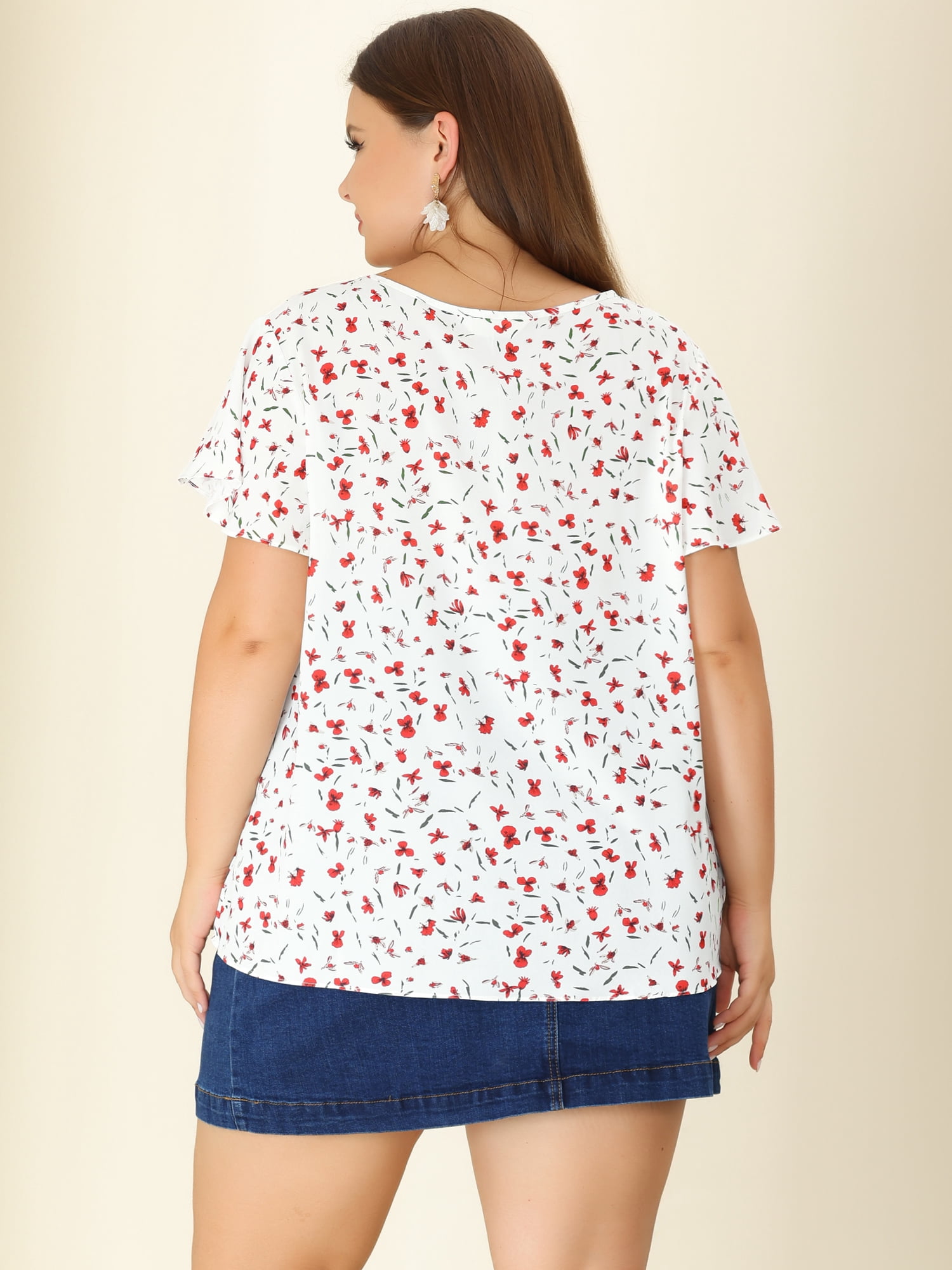 DARING DIVA Women's Plus Ruffle Short Sleeve Keyhole Chiffon Blouse L White Red