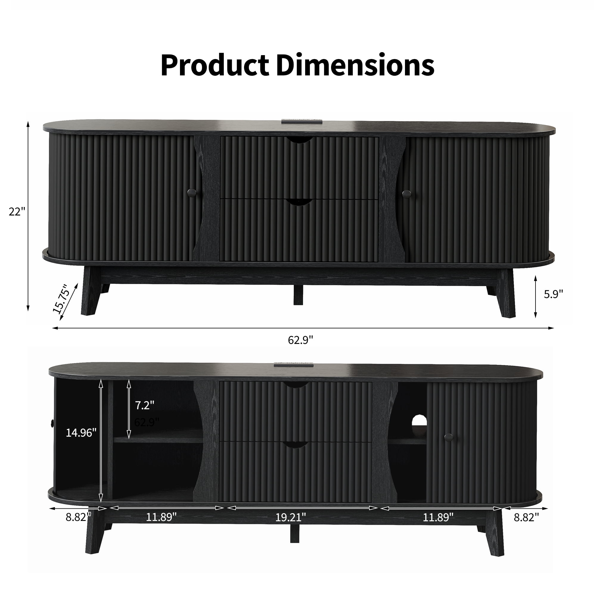 Garvee 63" Fluted TV Stand for TVs Up to 70 Inch, Modern Entertainment Center with Power Outlet, 2 Drawers, Side Cabinets with Adjustable Shelves, Curved Media Console Table for Living Room, Black