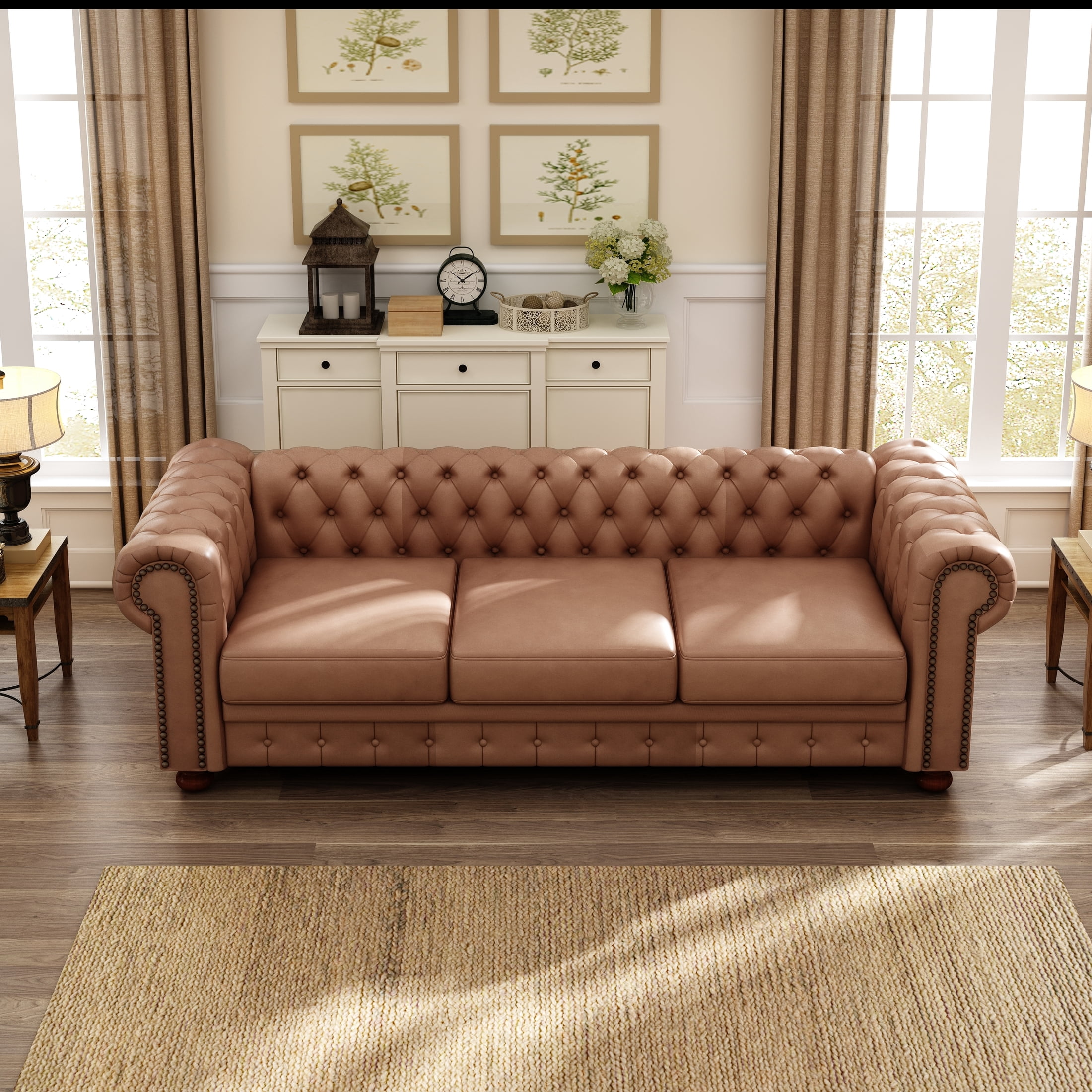 Noodeniya Chesterfield Sofa with Rolled Arms, Upholstered Sofa Padded Seat, Button Tufted Sofa with Nailhead Trim and Backrest, Faux Leather Couch, Brown