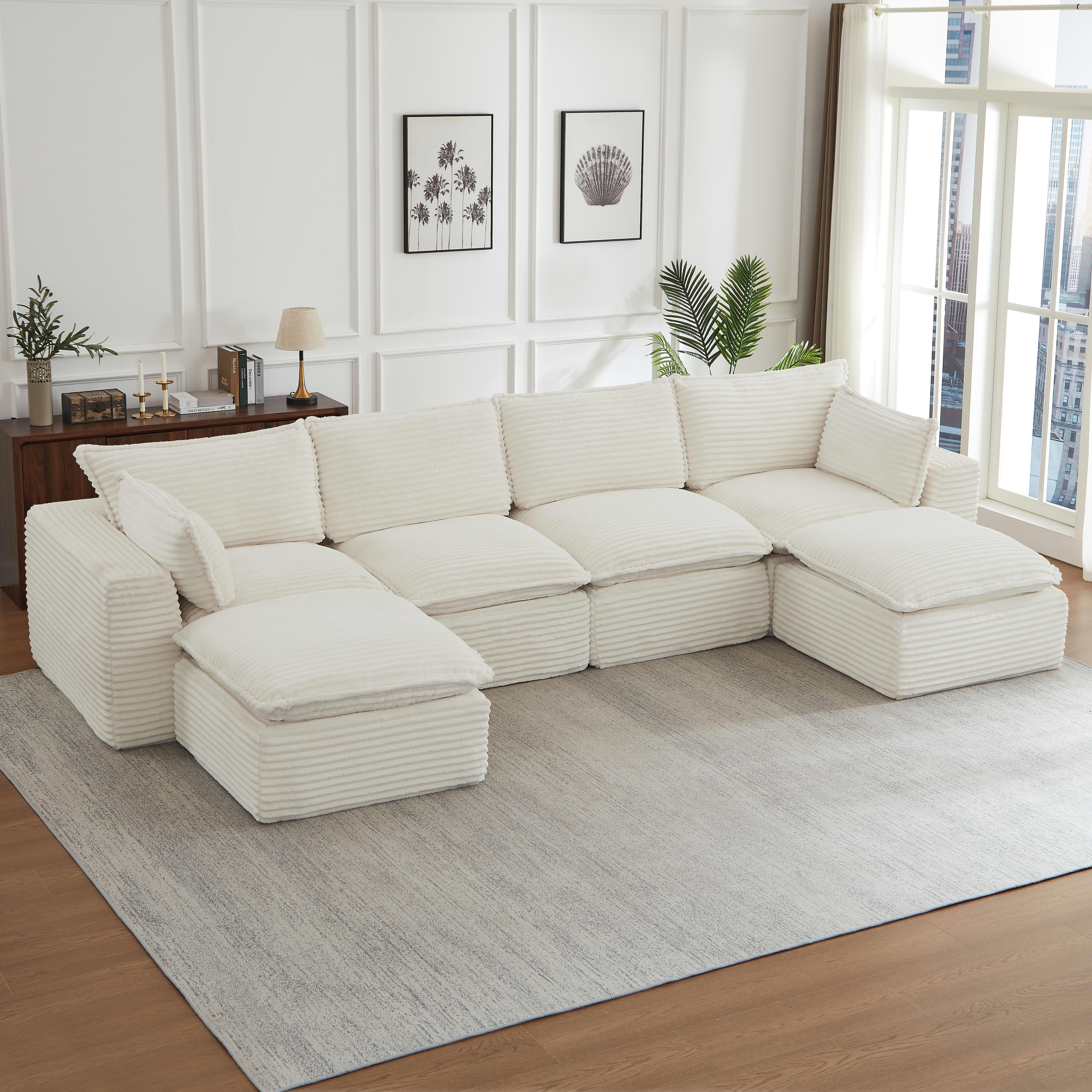 MAYEERTY Corduroy Oversized Sectional Sofa, Cloud Convertible U-Shape Couch with Ottoman for Apartment, White