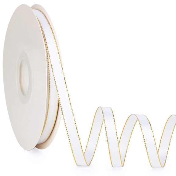 White satin ribbon with gold edge, double faced satin ribbon 3/8 inch x 50 yards, premium ribbon for gift wrapping, wedding decorations, crafts, floral arrangements, white