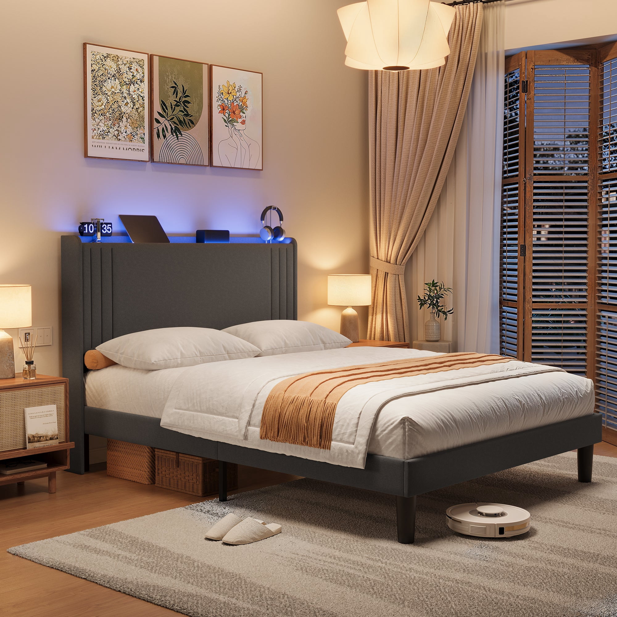 Full Upholstered Platform Bed Frame with Charging Station & LED Lights, Wingback Headboard, Wood Slat Support, Noise-Free, No Box Spring Needed, Dark Gray