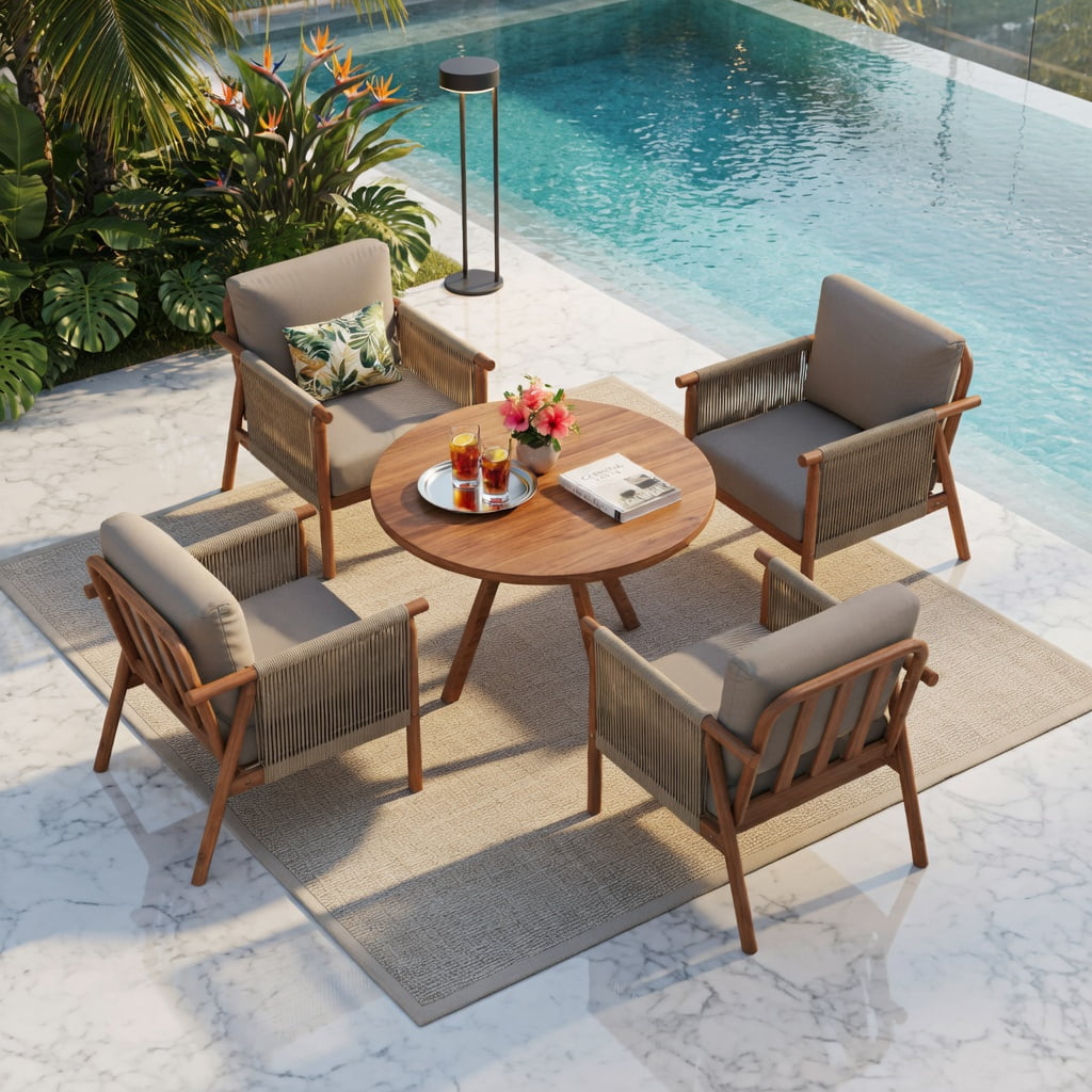 Hommoo Acacia Wood Patio Chair with Woven Rope Armrests, Ergonomic Outdoor Dining Chair for Backyard, Balcony, Porch, Gray