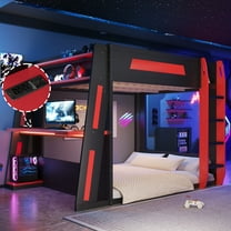 Harper & Bright Designs Queen Size Gaming Loft Bed with Desk & LED Lights, Queen Wood Loft Bed Frame with Two Storage Shelves, Black Red