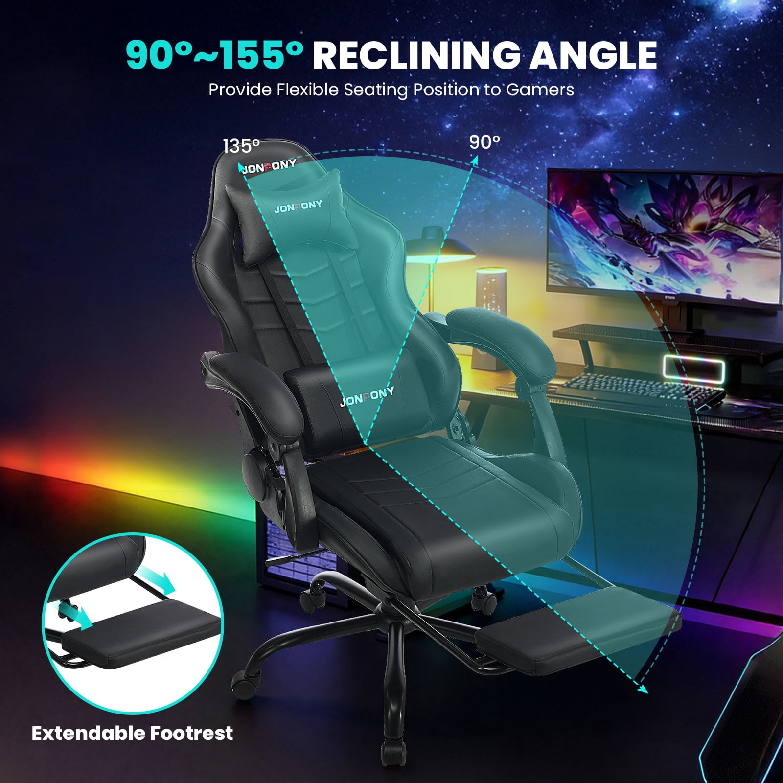 JONPONY Big and Tall 500LBS Gaming Chair, Ergonomic High Back Gamer Chair with Footrest Lumbar Support, PU Leather Office Computer Chair for Long Sitting, Black