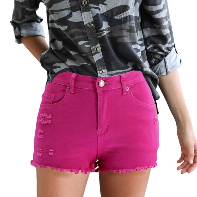 Aayomet Women's American Ripped Elastic Denim High Waist Shorts, Pink, L