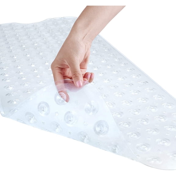 Bath and Shower Safety Mats 40x16 inch, Non Slip with Suction Cups for Bathroom Stall and Tub Floor, Extra Large and Machine Washable, Drain Holes Keep Bathtub Clean, Clear