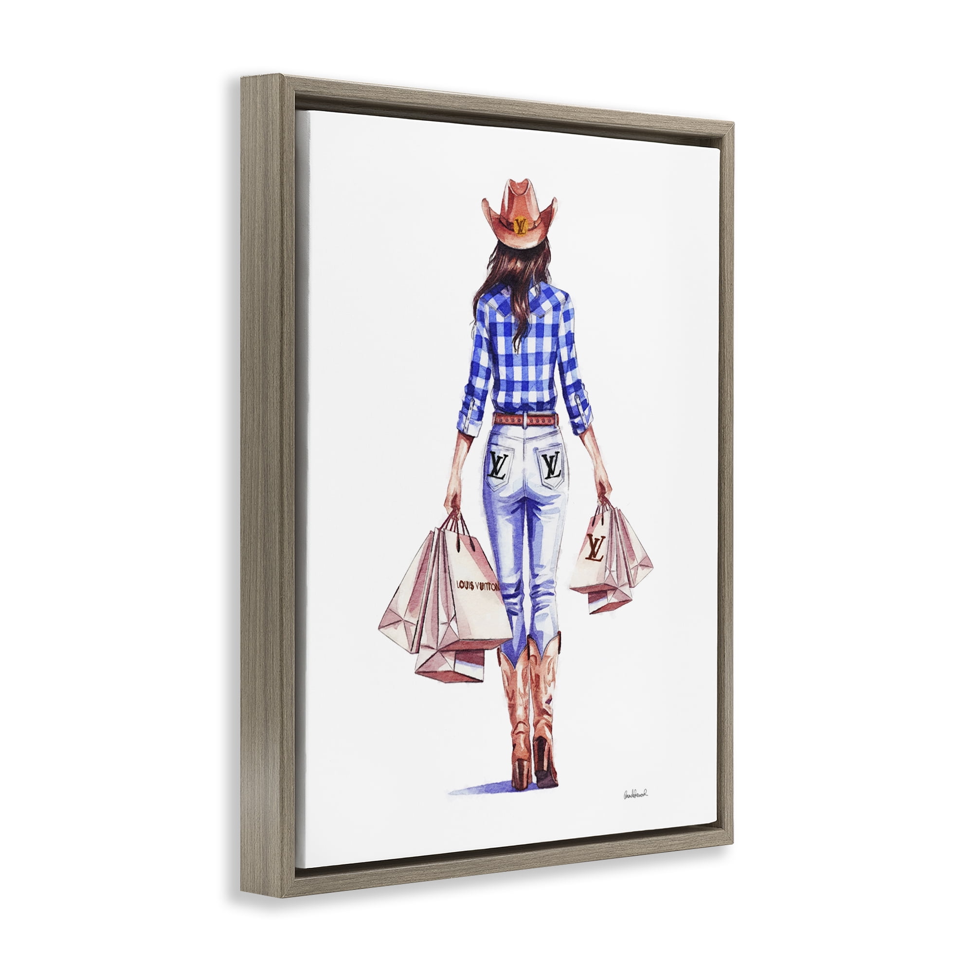 Stupell Industries Trendy Shopping Cowgirl People Painting Brown Floater Framed Canvas Art Print Wall Art, 17 x 21