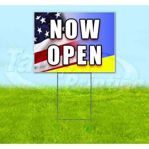 Now Open (18" x 24") Yard Sign, Includes Metal Step Stake