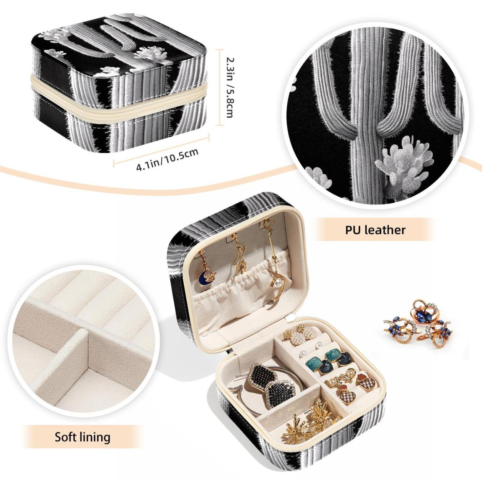 PhooArto Small Jewellery Box, Black White Flowers Cactus Pattern Portable Travel Mini Jewelry Case for Women Leather Ring Organizer