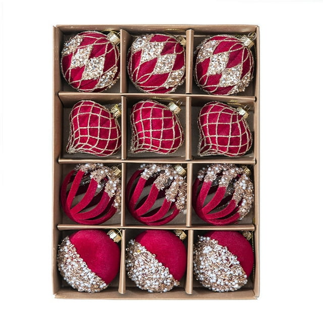 Christmas Tree Lights Balls 6Cm Hollow 12Pc Hand Rhinestones Painted Flocked Christmas Christmas Tree Storage