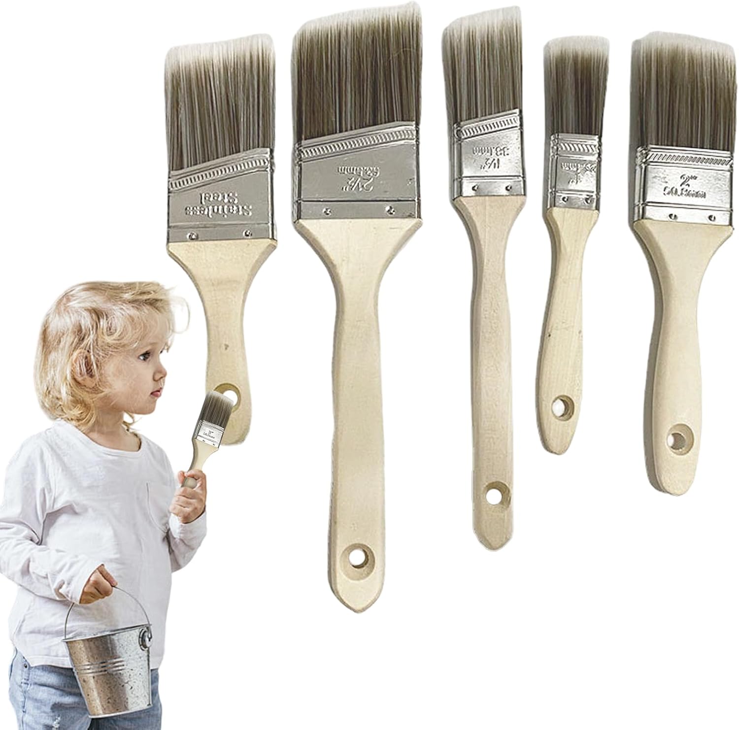 Paint Brush Set, Wood Stain Brush Pack, Furniture Paint Brush Angled For All-Purpose Paintbrush Set With Wooden Handles For Wall And Fence (5 Pack Assorted Sizes)