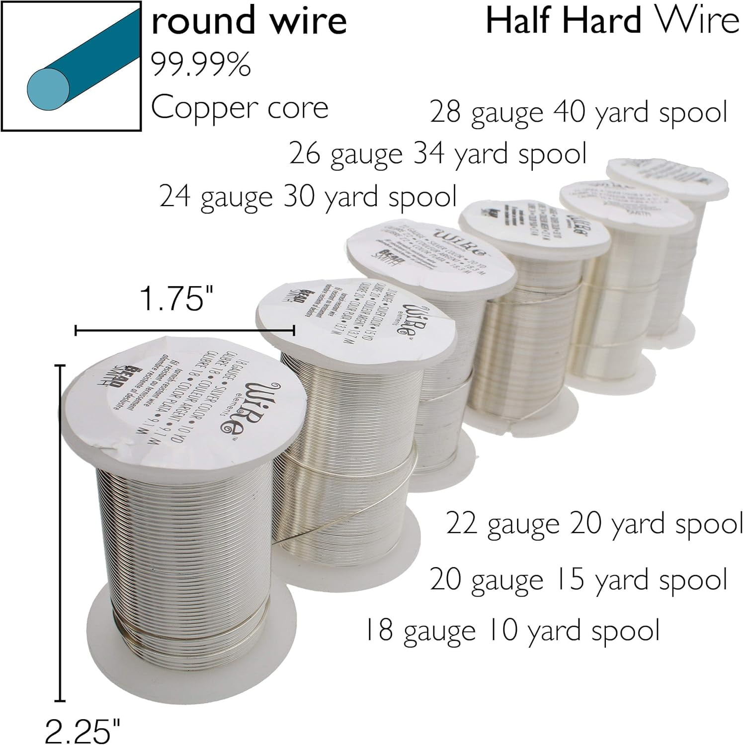 The Beadsmith Wire Elements Silver Color Lacquered Tarnish-Resistant Copper Wire for Jewelry Making, 20 Yards, 18.29 Meters Each Spool (18, 20, 22, 24, 26, & 28 Gauges)