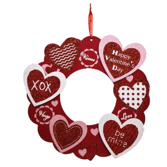 Valentine's Day Wooden Heart Wreath Wall Signs, Round Glittery Heart Hanging Decor for Valentines Home Door Window Indoor Outdoor Decoration Wedding Anniversary Party Supplies 11.75x12-in.