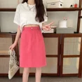 thumbnail image 4 of Falda vaquera de cintura alta y elástica de talla grande, falda ajustada de corte A de longitud media para mujer, estilo de abertura lateral fina de verano, 4 of 5