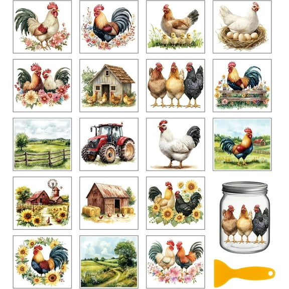 18 Sheets Farm Chicken Transfer Stickers 3.9x3.6inch Rooster Colorful Transfer Decal House Truck Rub on Transfer for Furniture Vase Glass Art Crafts Decorations