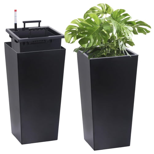 22 "Planter alto conjunto de 2, al aire libre e interior macetas de plantación negra, macetas de plantación de porche frontal alto con agujeros de drenaje y monitor de nivel de agua y cubo interior