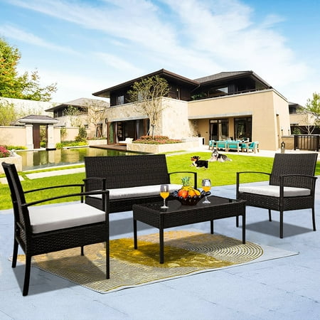 4 Piece Wicker Patio Set SEGMART Upgrade Outdoor Patio Furniture Set with Wicker Chairs Loveseat Sofa Glass Coffee Table All Weather Rattan Conversation Sectional Sofa Set for Yard Porch Pool
