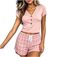thumbnail image 2 of Mifsaly Summer Pajamas for Women Set Henley V Neck Short Sleeve Sleepwear Tops and Plaid Shorts Soft Comfortable Home Casual Nightwear Pink,S, 2 of 5