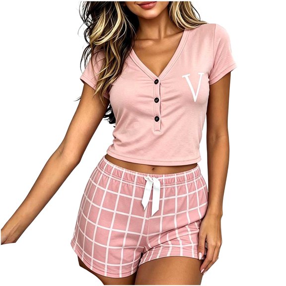 Vrorvz Womens Pjs Set Short Sleeve V Neck Shirts Striped Shorts Summer Casual Fashion Soft Pajamas for Women