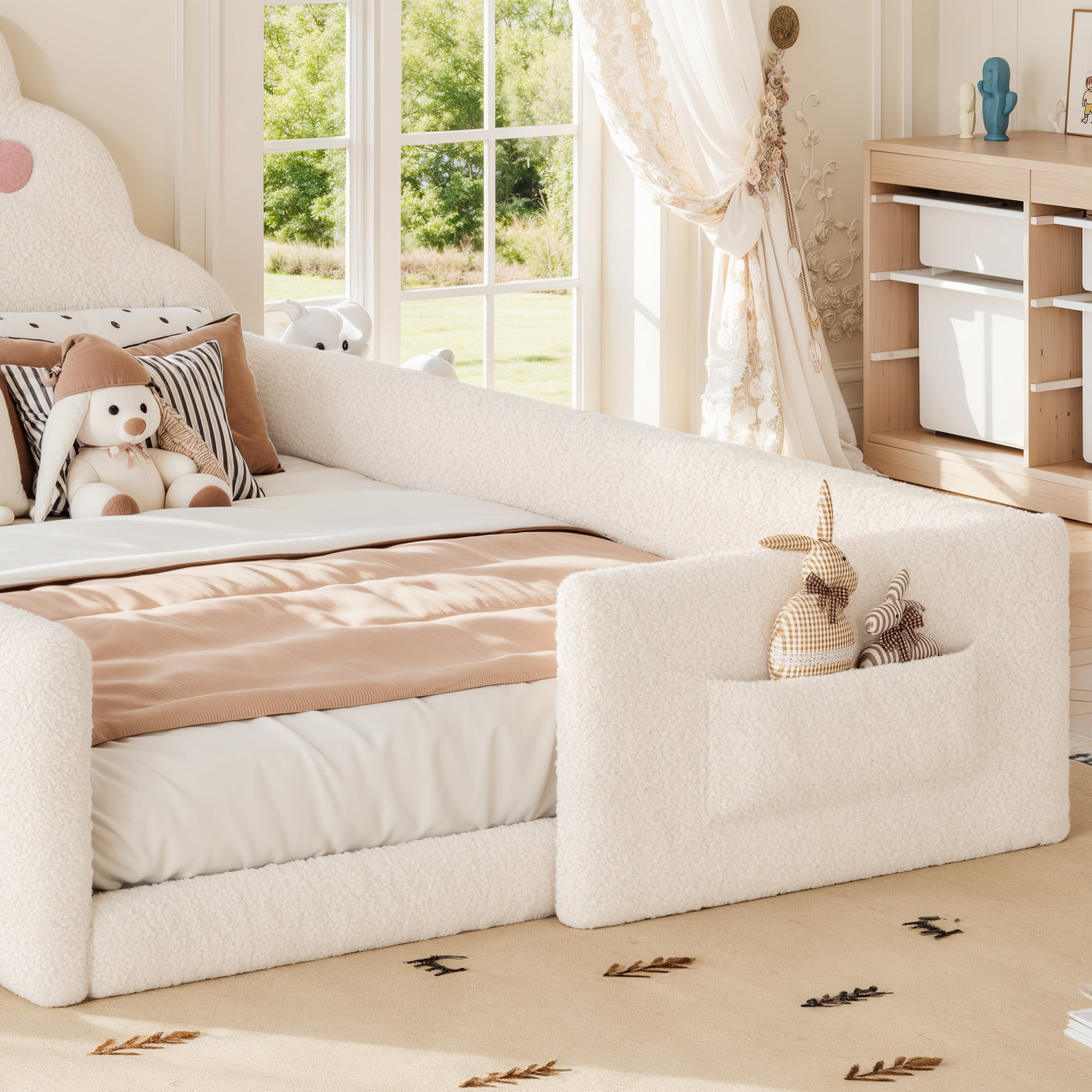 HOQBN Full Size Upholstered Floor Bed Frame, Soft Padded Upholstered Kids Bed, Safe Children Bed Frame with Side Storage Pocket for Bedroom Beige