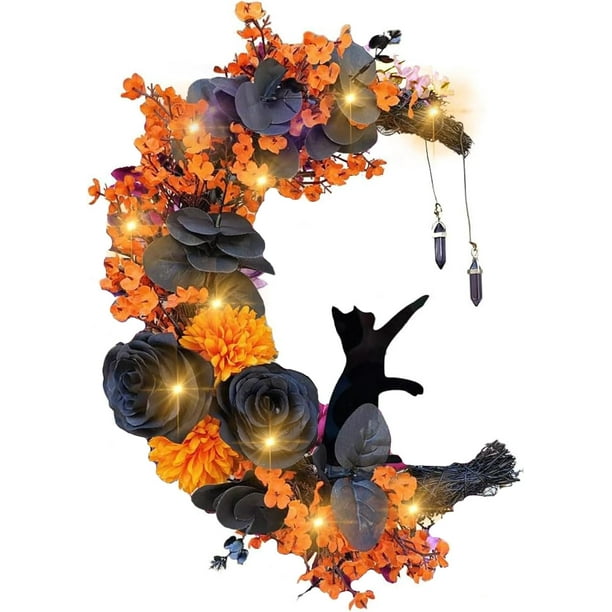 2024 Nueva corona de Halloween, coronas de gato negro de luna de Halloween con luces, decoración del hogar para colgar, corona de gato negro de luna de flores, decoración de pared de fiesta para el ho