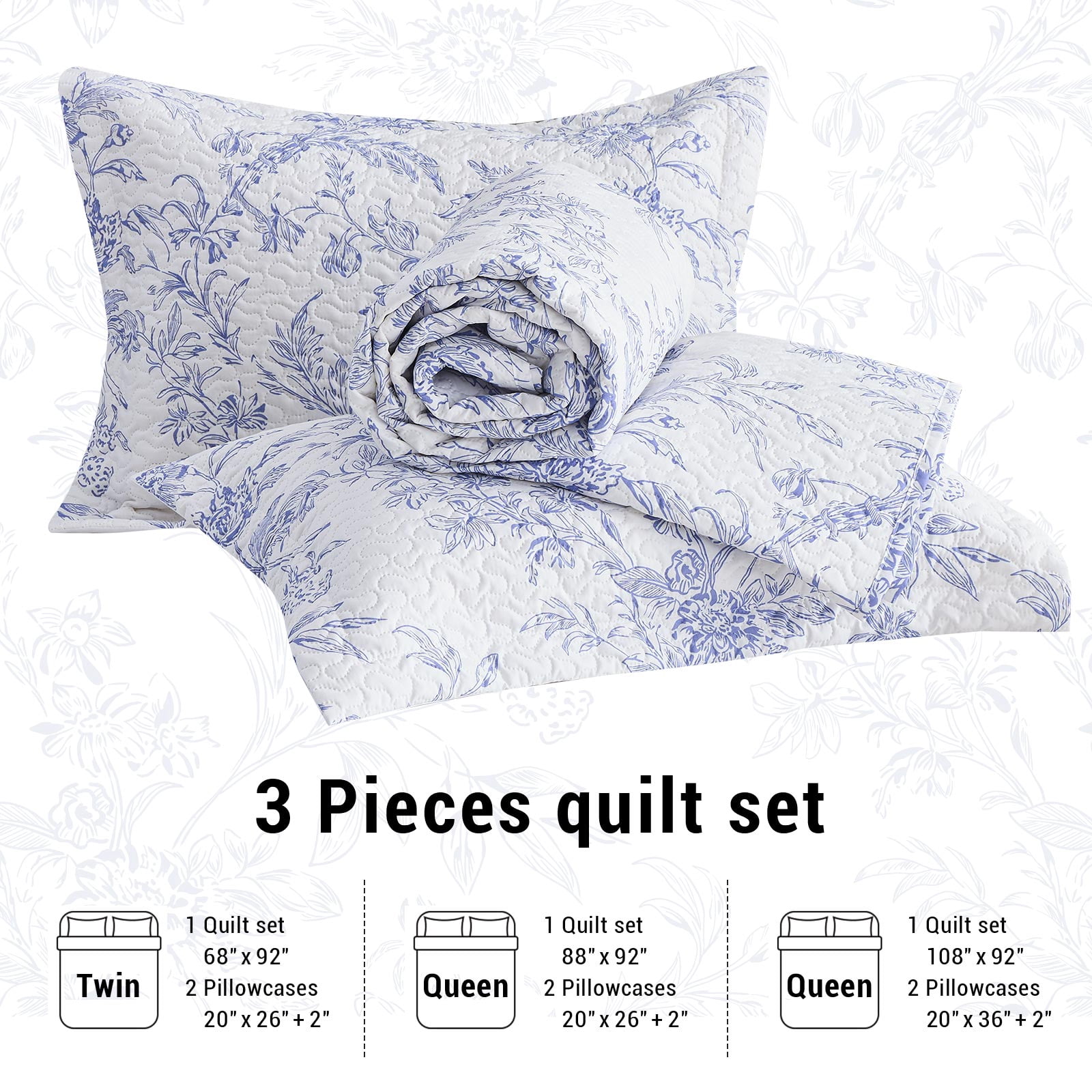 Hitime Luxury Printed Quilt Set Queen Size, Lightweight Comforter Set, Oversized Bedspread Coverlet Quilted Bedding Set, with 2 Matching Pillowcases, for All Season