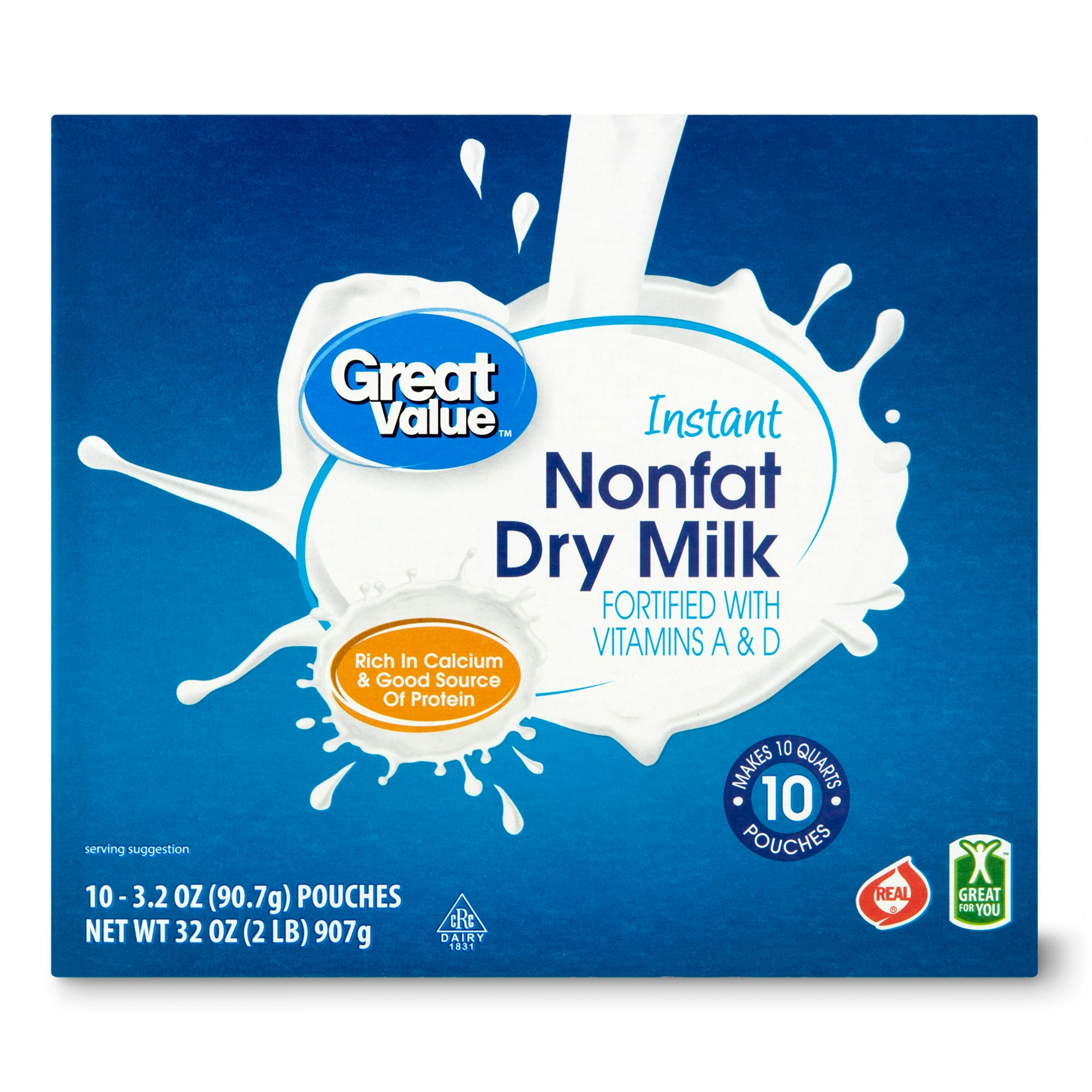 Great Value Instant Nonfat Dry Milk, 3.2 oz Pouches (10 Count), Makes 10 Quarts
