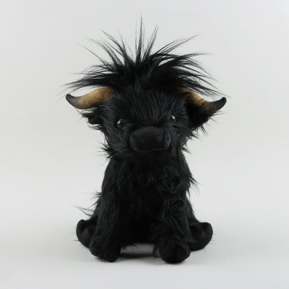Realistic Black Highland Cow Stuffed Animal with Long Hair & Horns - Soft Plush Toy for 7-14 Year Olds, Perfect Birthday/Holiday Gift, Decorative Room Accessory & Fun Plaything