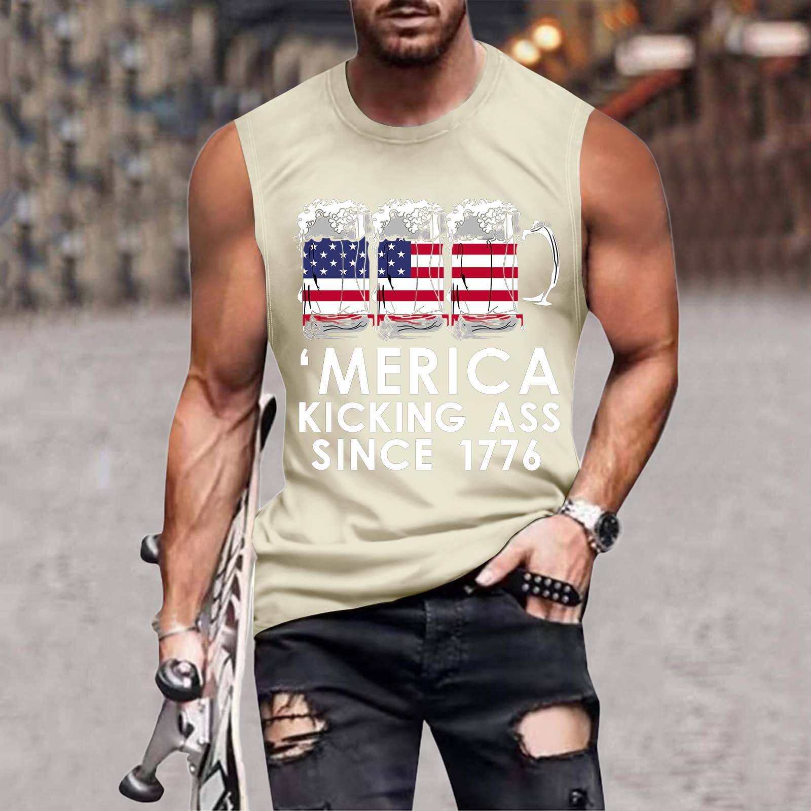 Beige Tank Tops Men 1776 Graphic Letters Flag Workout We Are Patriotic ...