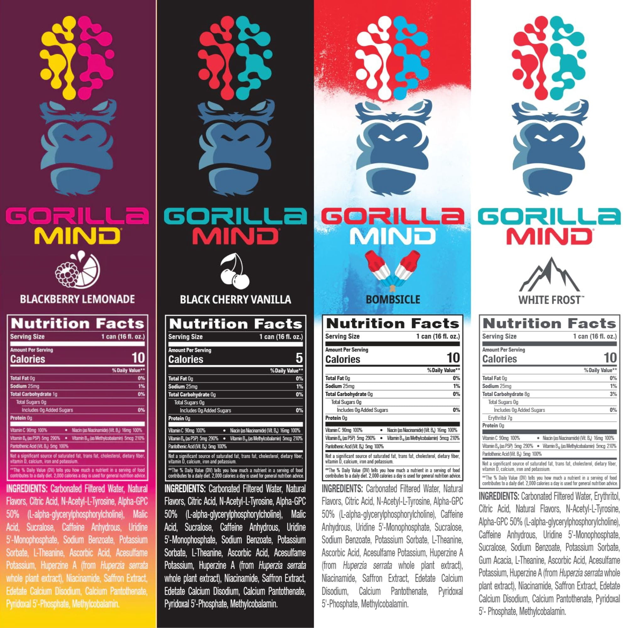 Gorilla Mind Energy Drink 4‑Flavor Sampler Pack, 16oz Cans (4 Count)
