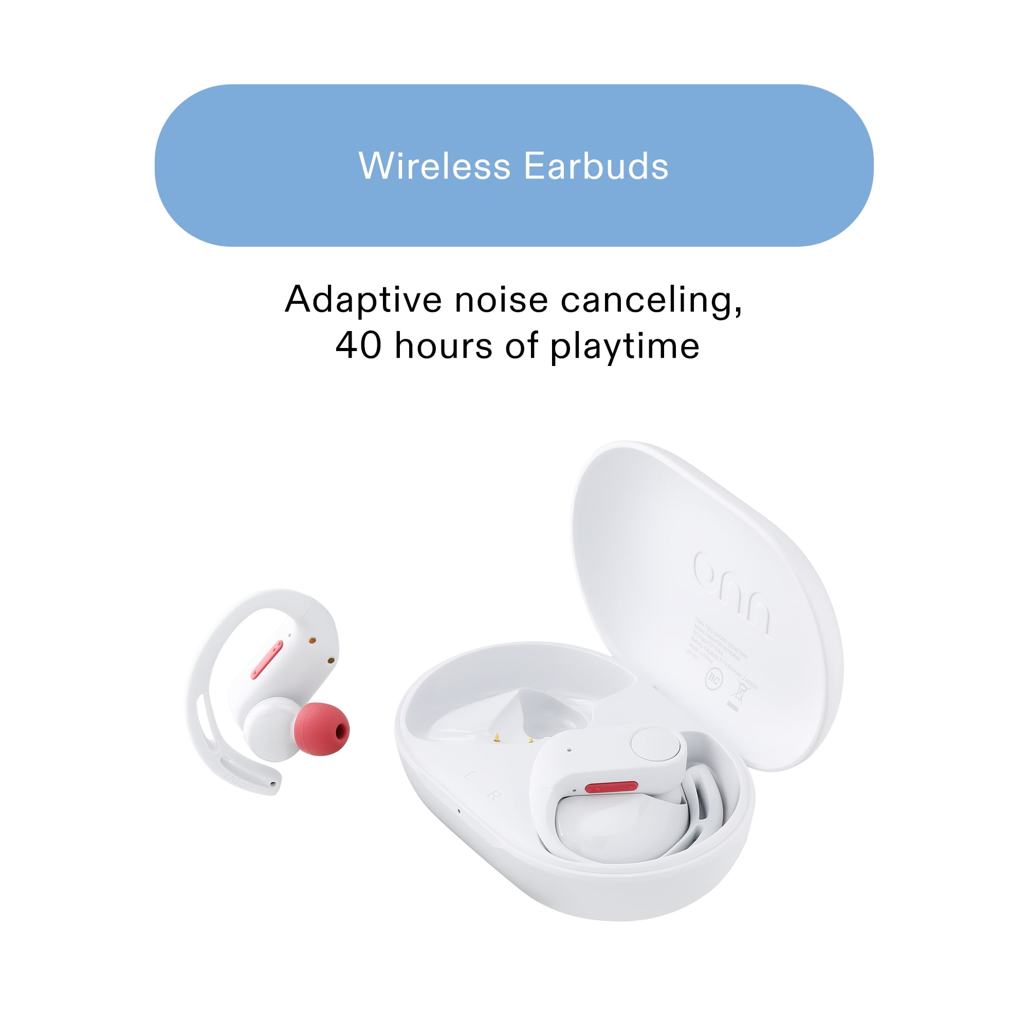onn Wireless Sport Earbuds with Comfort Grip Ear Hooks, White