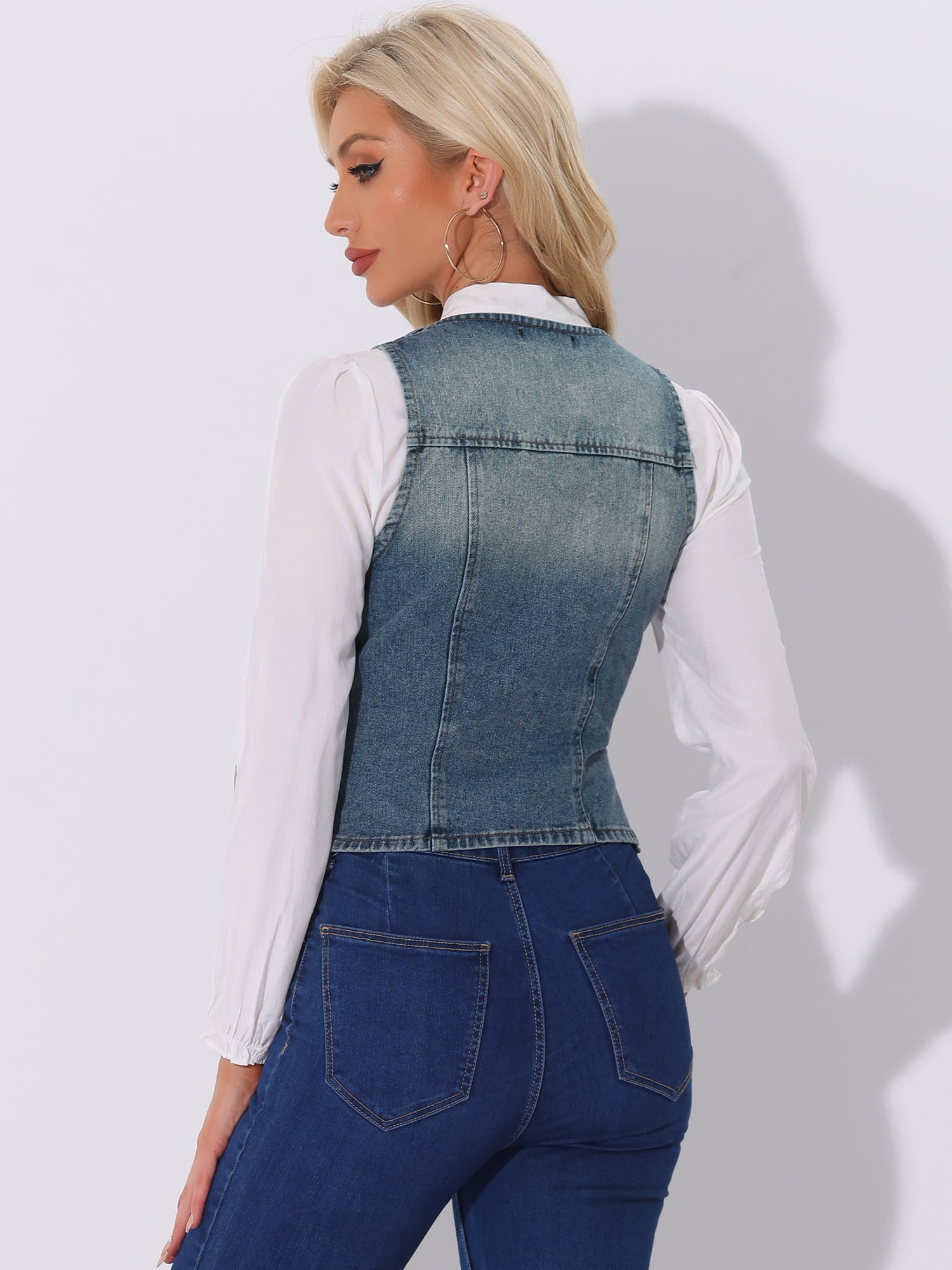 DARING DIVA Women's Denim Vest Washed Distressed Jean Jacket M Gray Blue