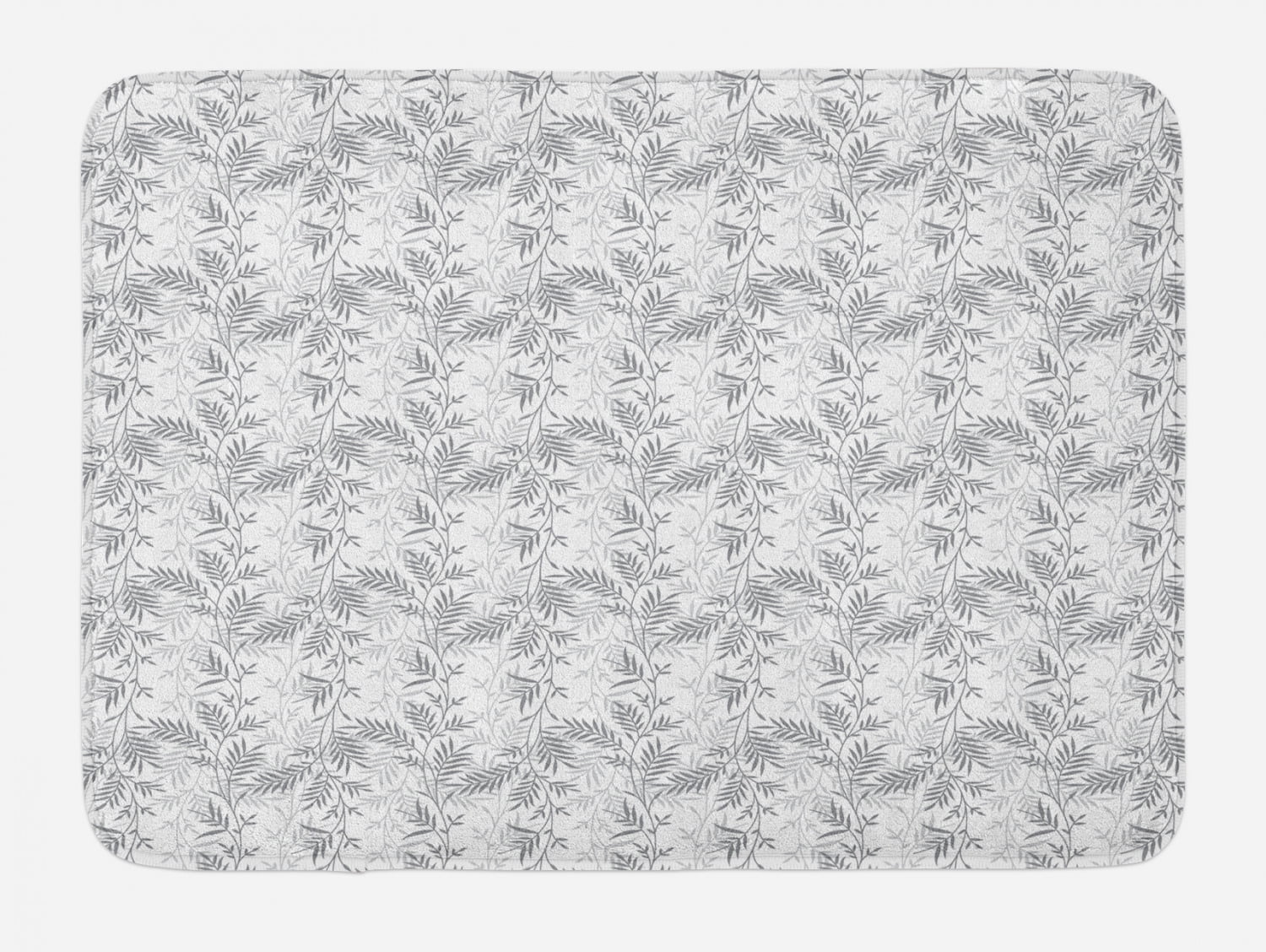 Grey and White Bath Mat, Monochrome Abstract Leaves Rural Field