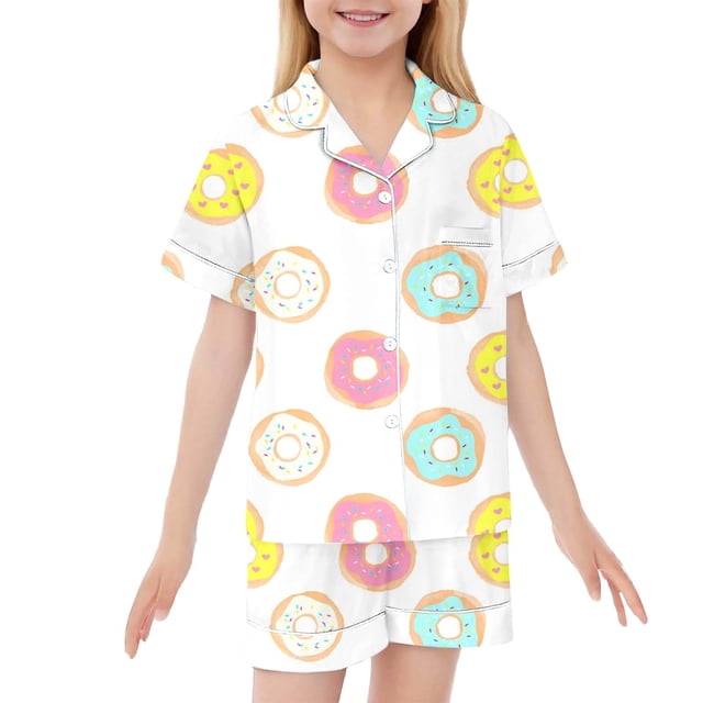 Pyjamas en Satin Imprimé Manches Courtes Ensemble de Hauts Boutonnés Pyjamas Décontractés pour Filles Garçons Mode