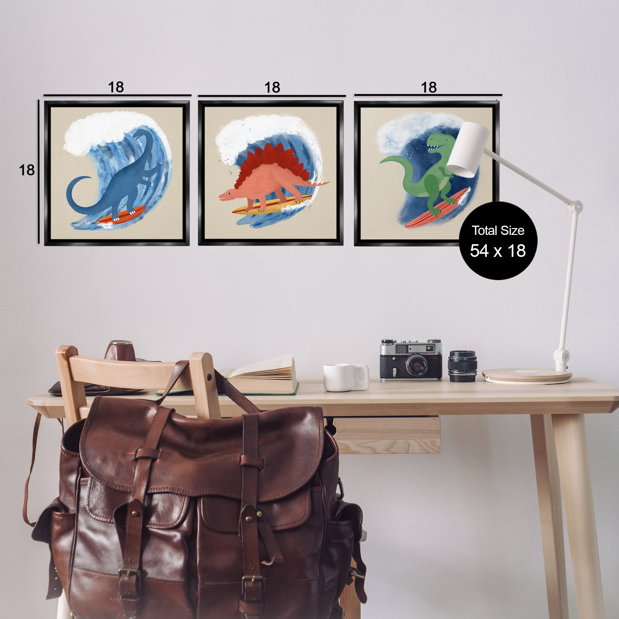 Stupell Industries Dinos Surfing Beach Waves Animals Painting Black Floater Framed Canvas Art Print Wall Art, 18 x 18, Set of 3