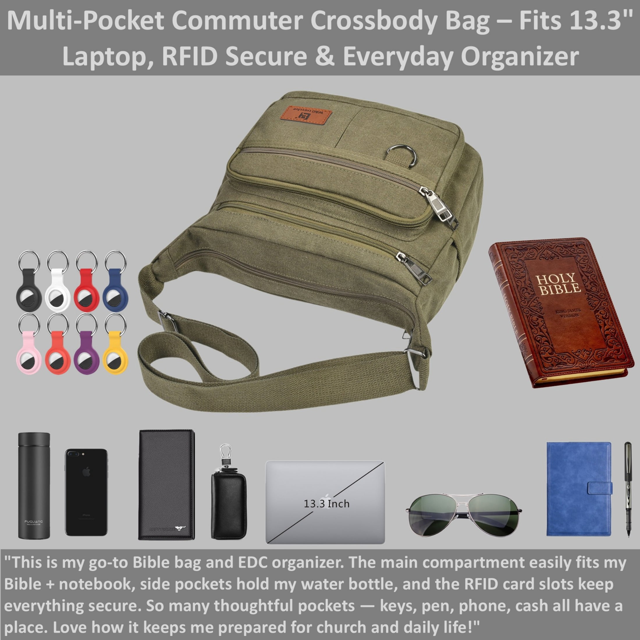 Crossbody Messenger Bag for iPad Pro 12.9 inches, Rfid Shoulder Purse w/Water Bottle Holders, 13 inch Laptop Briefcase, Built-in Wallet With AirTag Case Green