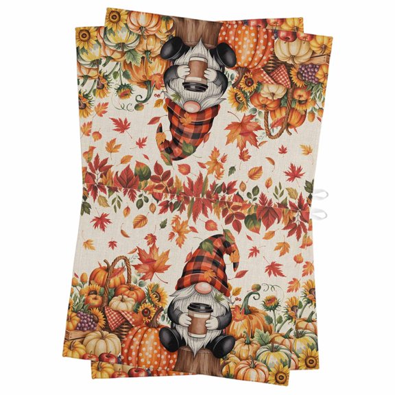Fall Gnomes Kitchen Towels Set of 2, Water Absorbent Dish Towel, Thanksgiving Pumpkins Autumn Maple Retro Floral Decorative Hand Towels - Quick Drying Cloth for Cooking Baking, 18x28 Inch
